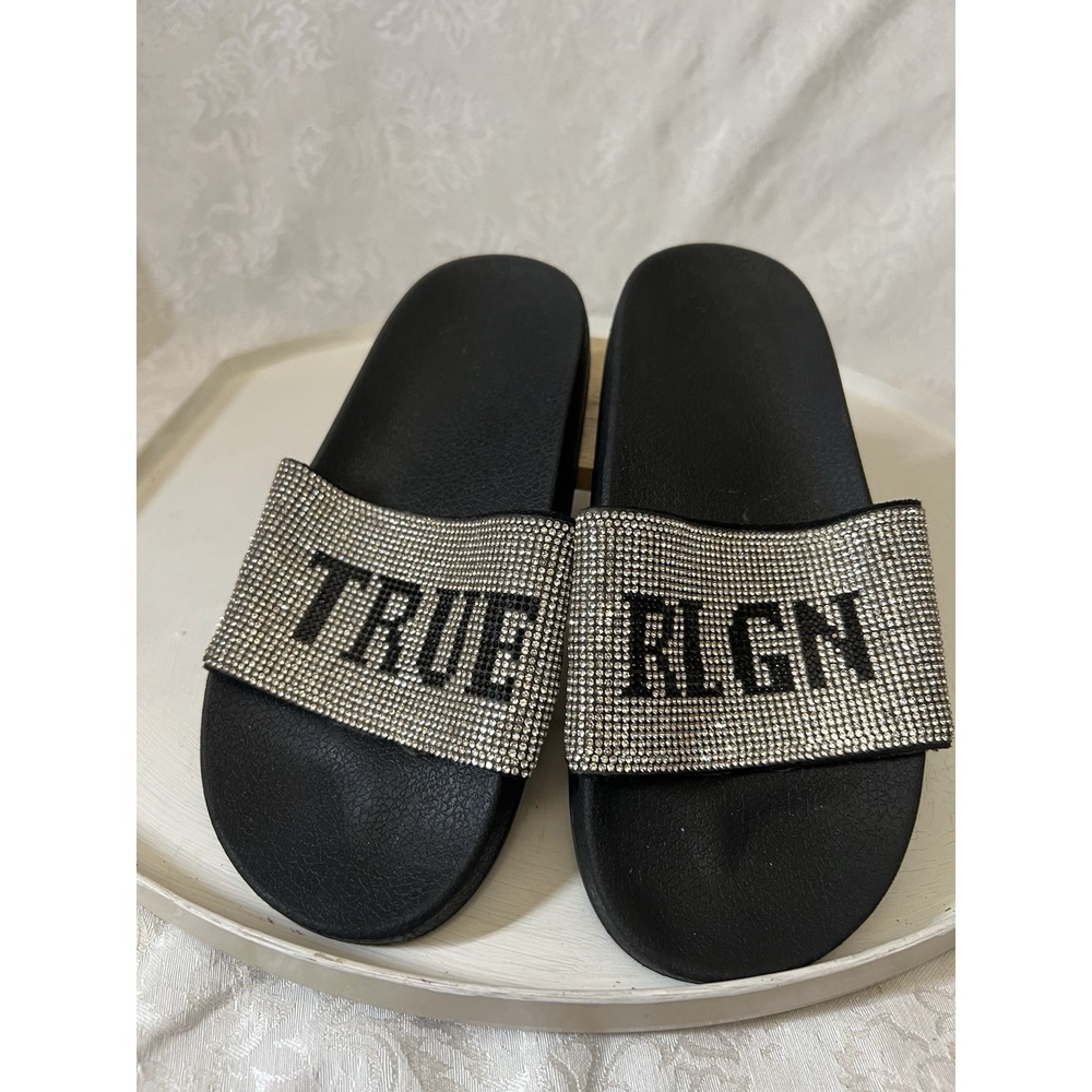 True Religion Shoes Womens Size 7 Black Rhinestone Logo Slide Sandals Pool